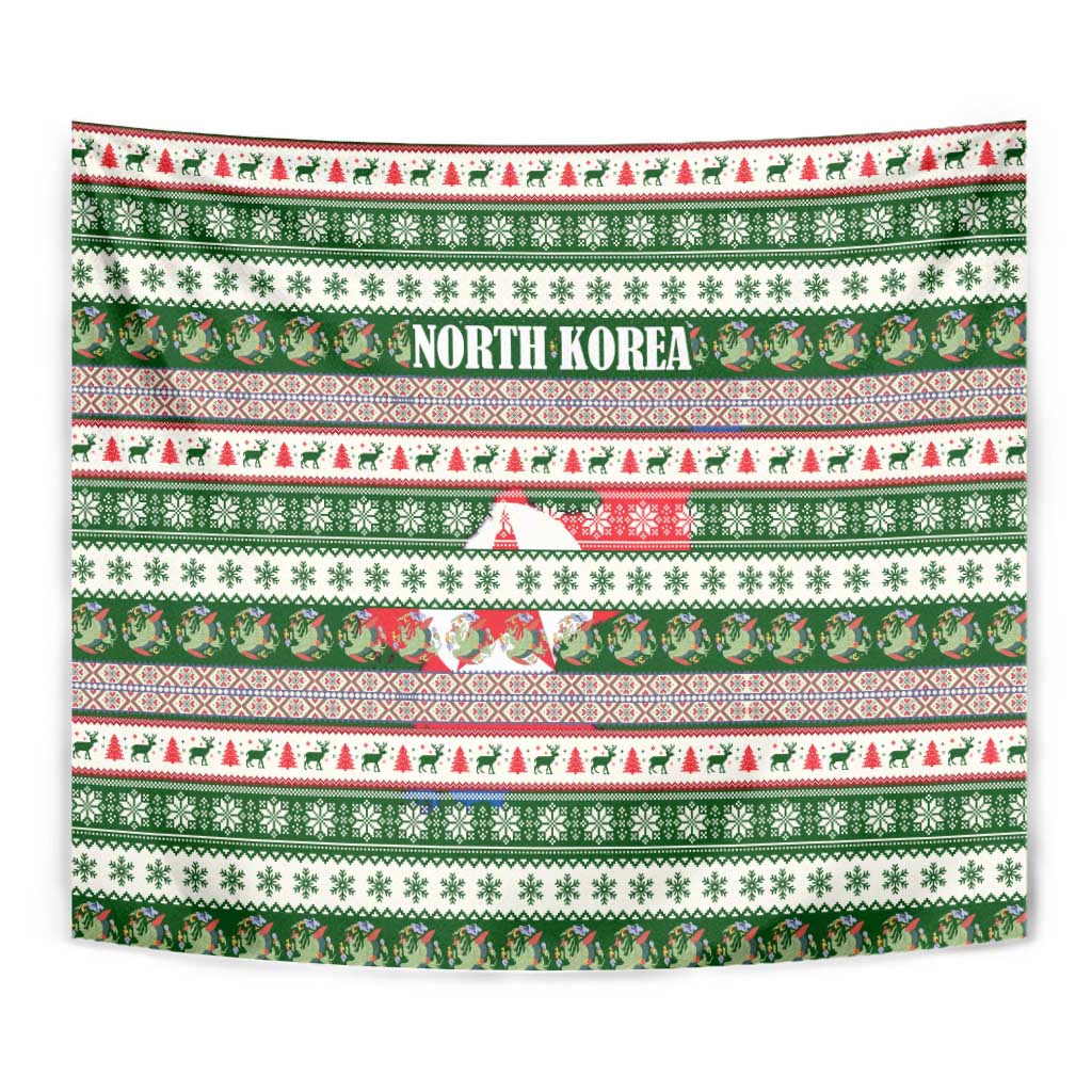 North Korea Christmas Tapestry with Green-Red Design, National Emblem, and Festive Snowflake Motif - Wonder Print Shop
