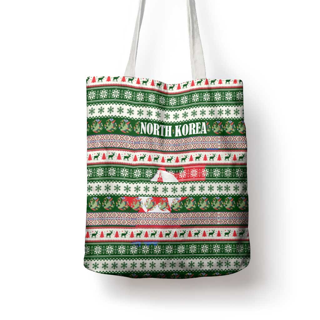 North Korea Christmas Tote Bag with Green-Red Design, National Emblem, and Festive Snowflake Motif - Wonder Print Shop