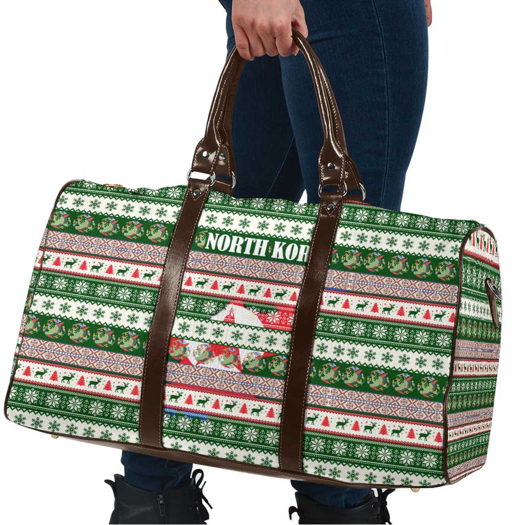 North Korea Christmas Travel Bag with Green-Red Design, National Emblem, and Festive Snowflake Motif - Wonder Print Shop