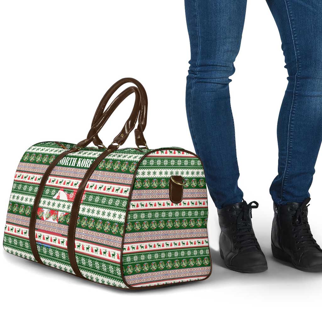 North Korea Christmas Travel Bag with Green-Red Design, National Emblem, and Festive Snowflake Motif - Wonder Print Shop