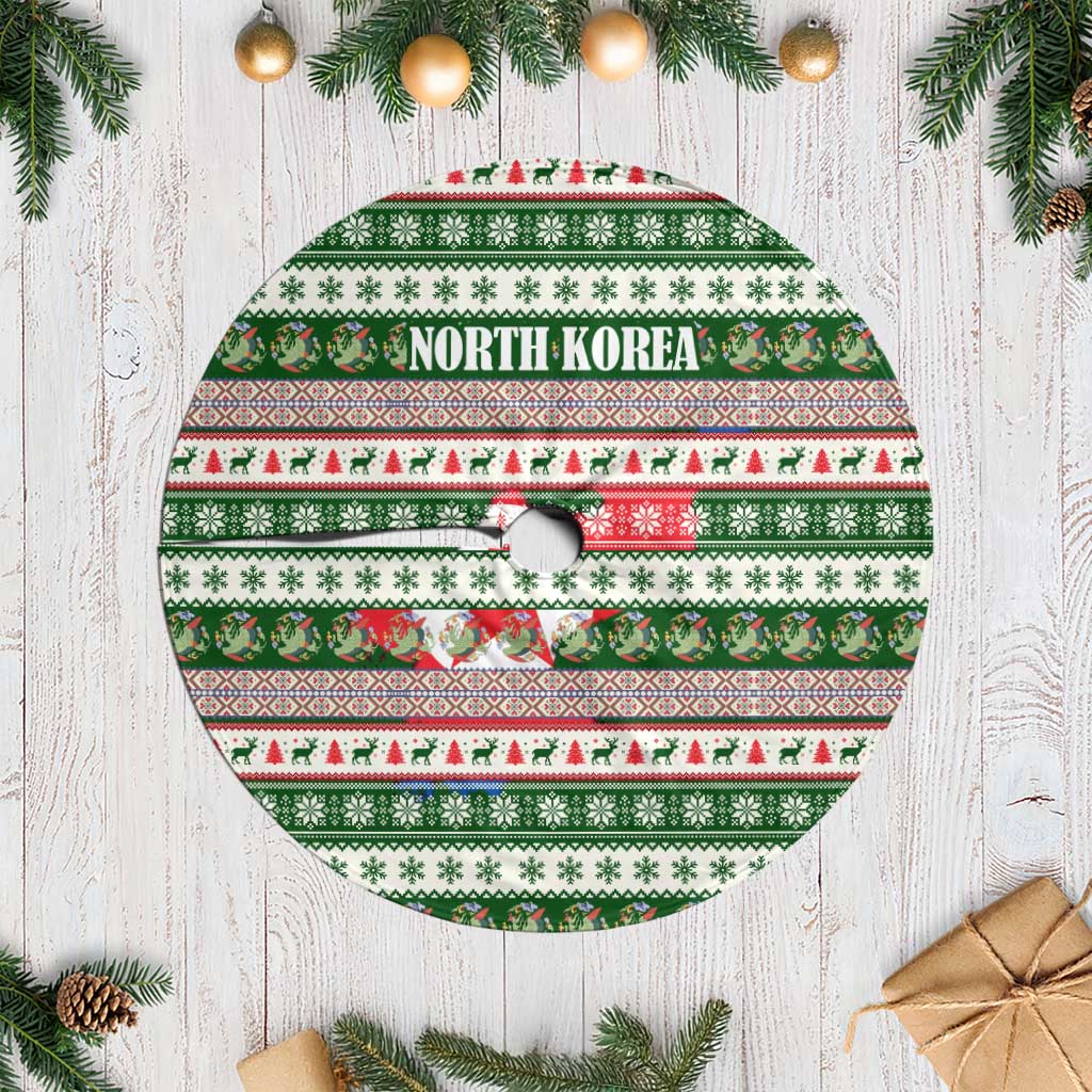 North Korea Christmas Tree Skirt with Green-Red Design, National Emblem, and Festive Snowflake Motif - Wonder Print Shop