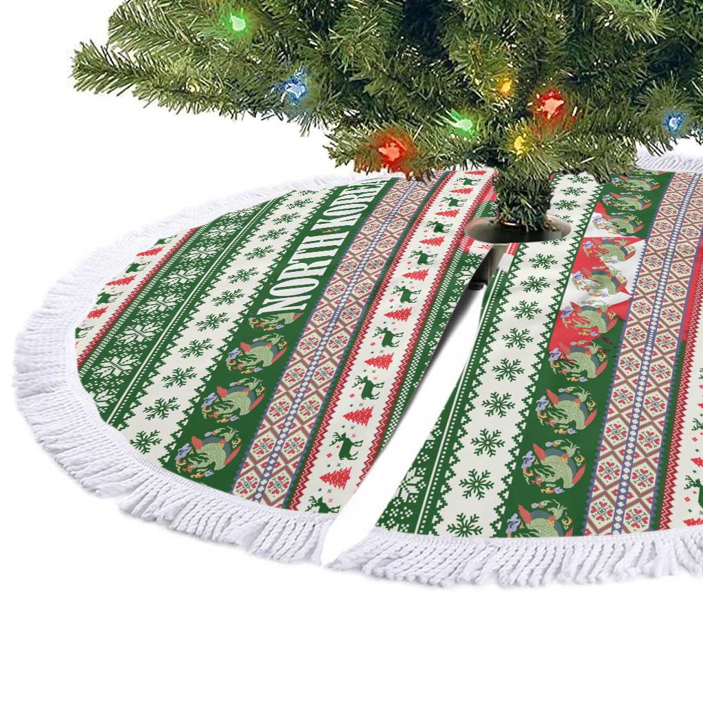 North Korea Christmas Tree Skirt with Green-Red Design, National Emblem, and Festive Snowflake Motif - Wonder Print Shop