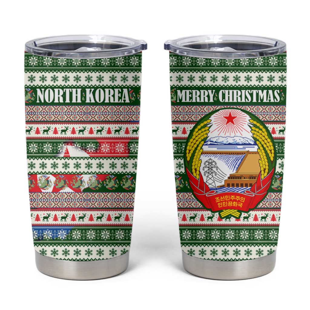 North Korea Christmas Tumbler Cup with Green-Red Design, National Emblem, and Festive Snowflake Motif - Wonder Print Shop