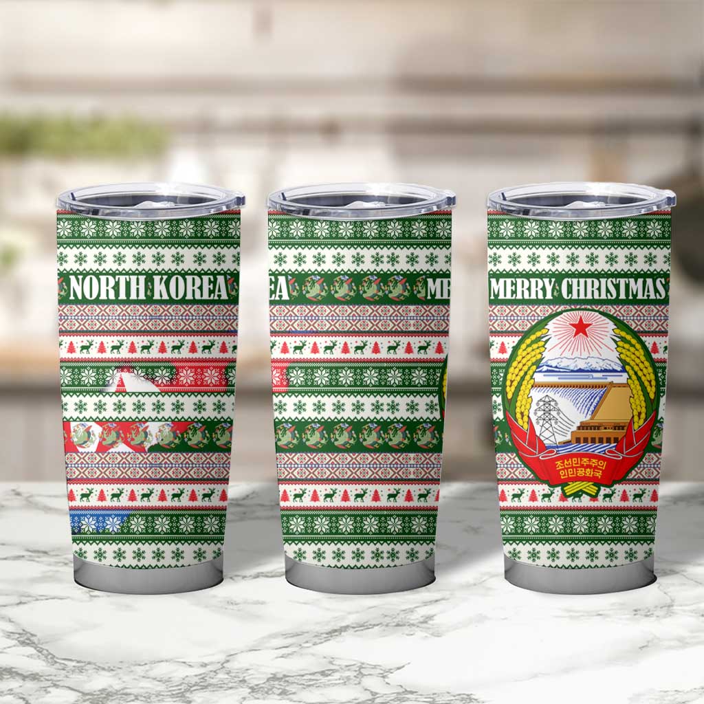 North Korea Christmas Tumbler Cup with Green-Red Design, National Emblem, and Festive Snowflake Motif - Wonder Print Shop
