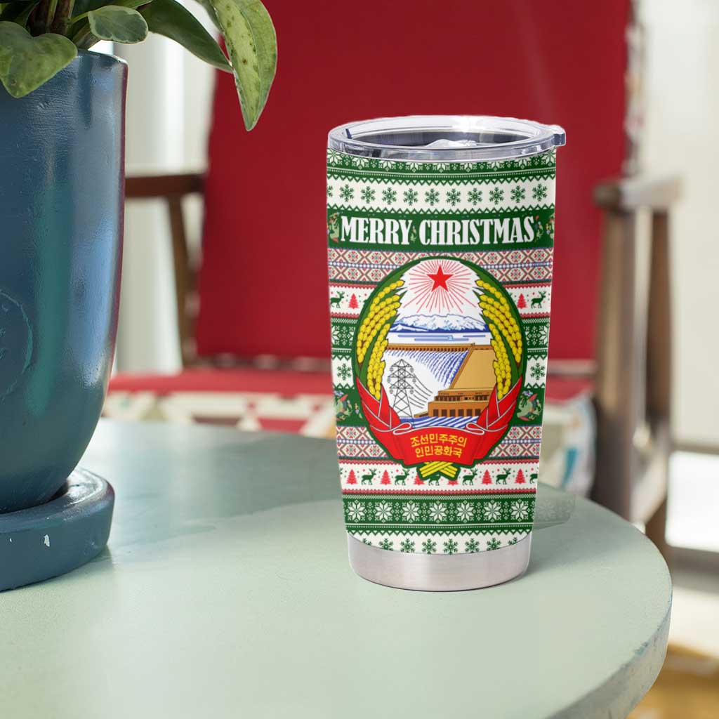North Korea Christmas Tumbler Cup with Green-Red Design, National Emblem, and Festive Snowflake Motif - Wonder Print Shop