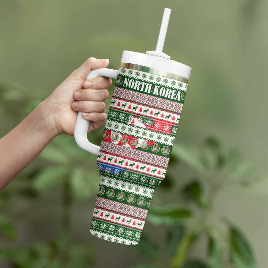 North Korea Christmas Tumbler With Handle with Green-Red Design, National Emblem, and Festive Snowflake Motif - Wonder Print Shop