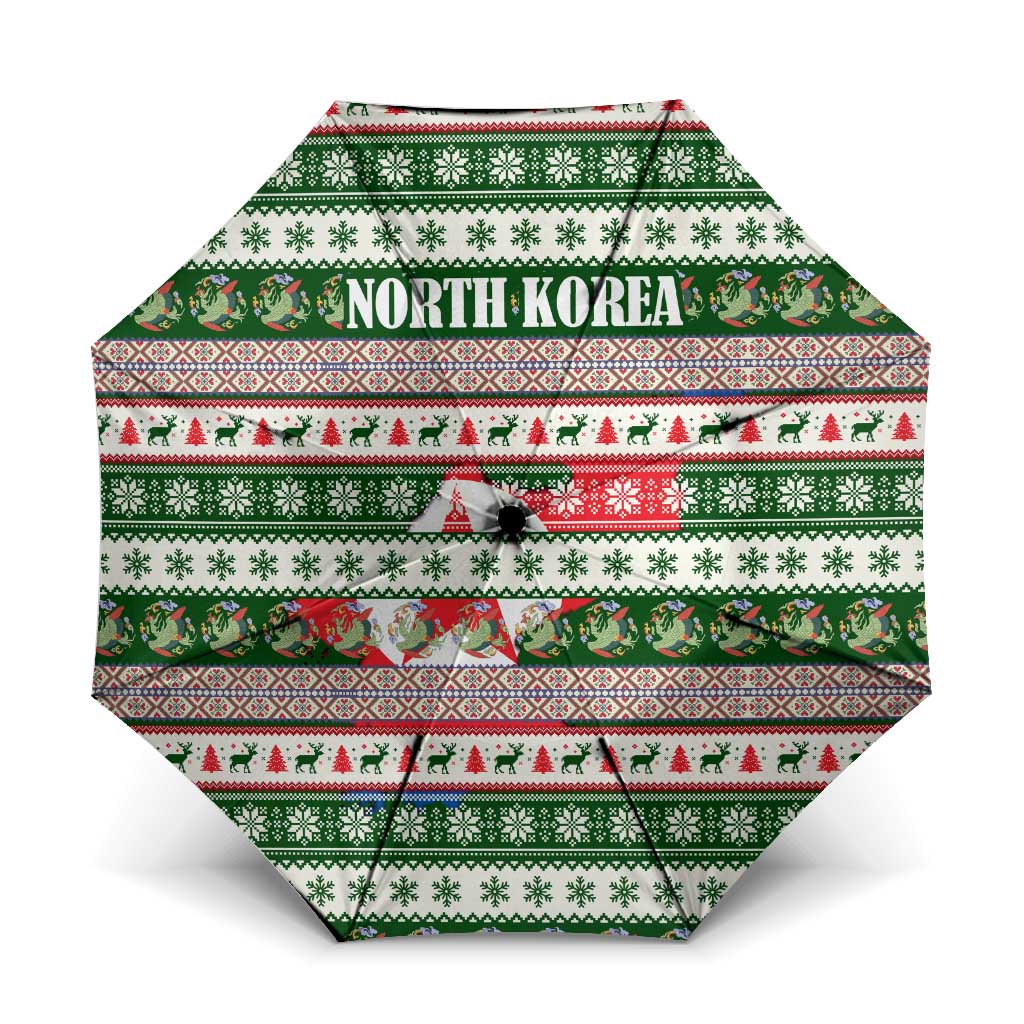 North Korea Christmas Umbrella with Green-Red Design, National Emblem, and Festive Snowflake Motif - Wonder Print Shop