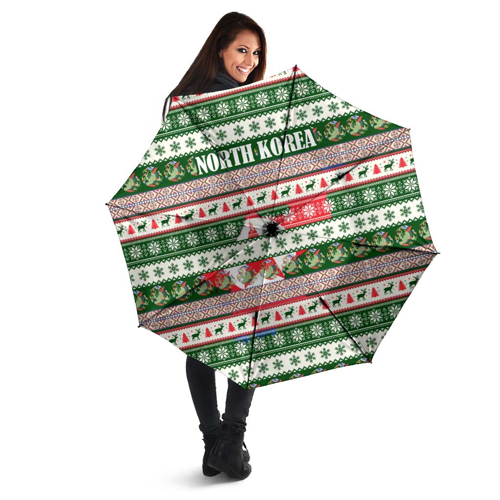 North Korea Christmas Umbrella with Green-Red Design, National Emblem, and Festive Snowflake Motif - Wonder Print Shop