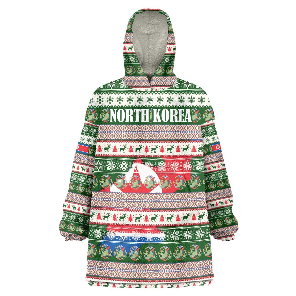 North Korea Christmas Wearable Blanket Hoodie with Green-Red Design, National Emblem, and Festive Snowflake Motif - Wonder Print Shop