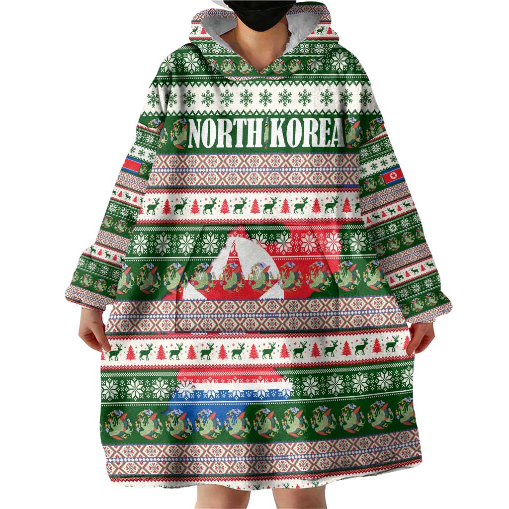 North Korea Christmas Wearable Blanket Hoodie with Green-Red Design, National Emblem, and Festive Snowflake Motif - Wonder Print Shop