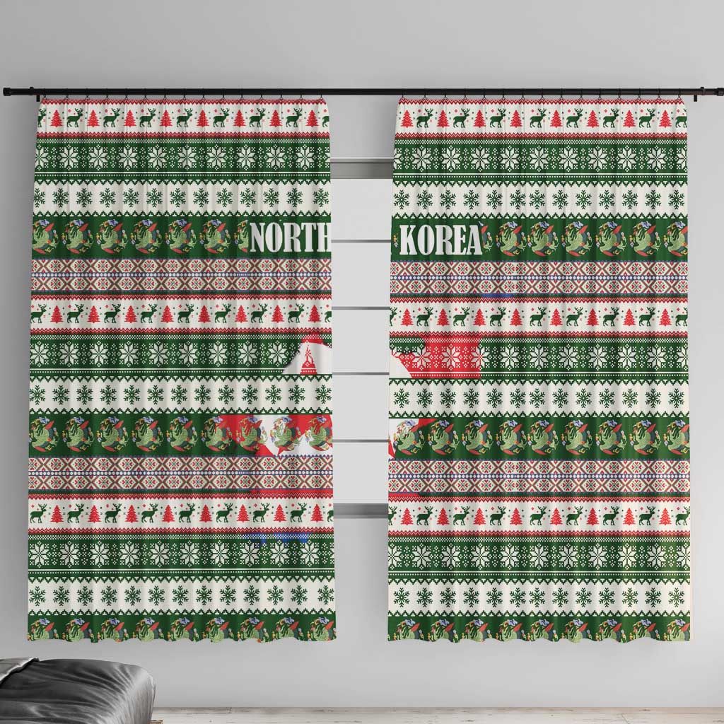 North Korea Christmas Window Curtain with Green-Red Design, National Emblem, and Festive Snowflake Motif - Wonder Print Shop