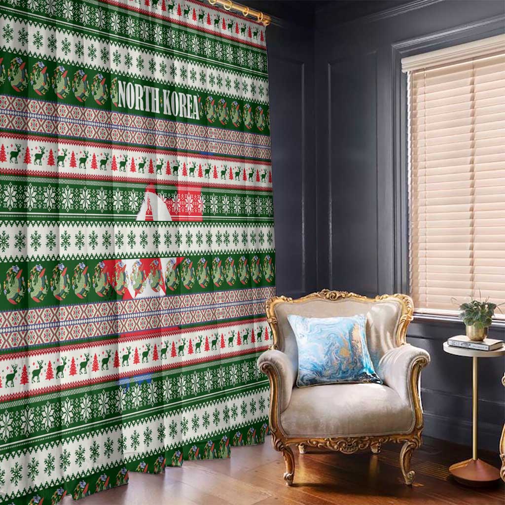 North Korea Christmas Window Curtain with Green-Red Design, National Emblem, and Festive Snowflake Motif - Wonder Print Shop