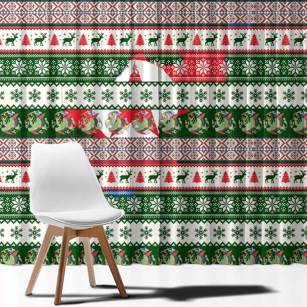 North Korea Christmas Window Curtain with Green-Red Design, National Emblem, and Festive Snowflake Motif - Wonder Print Shop