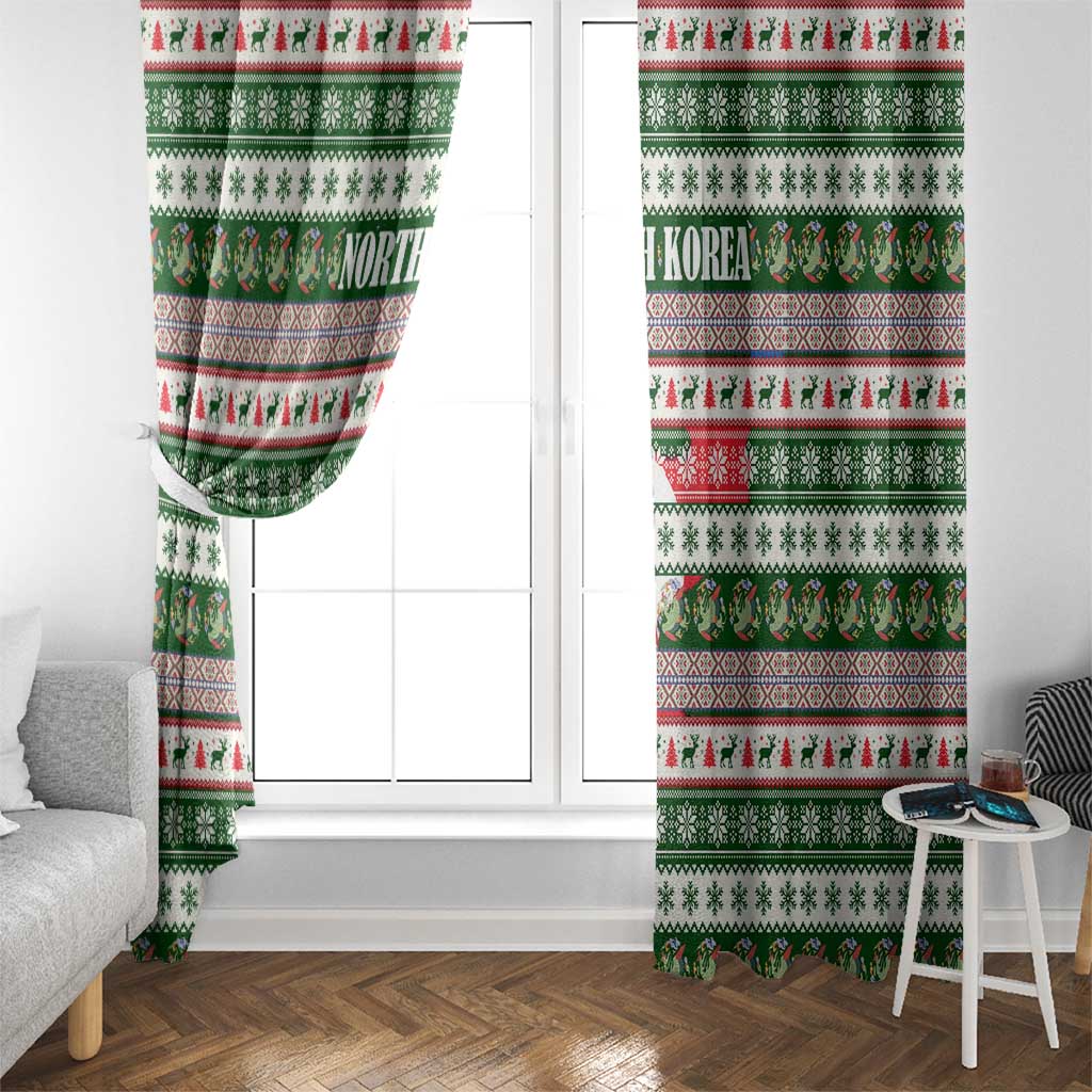 North Korea Christmas Window Curtain with Green-Red Design, National Emblem, and Festive Snowflake Motif - Wonder Print Shop