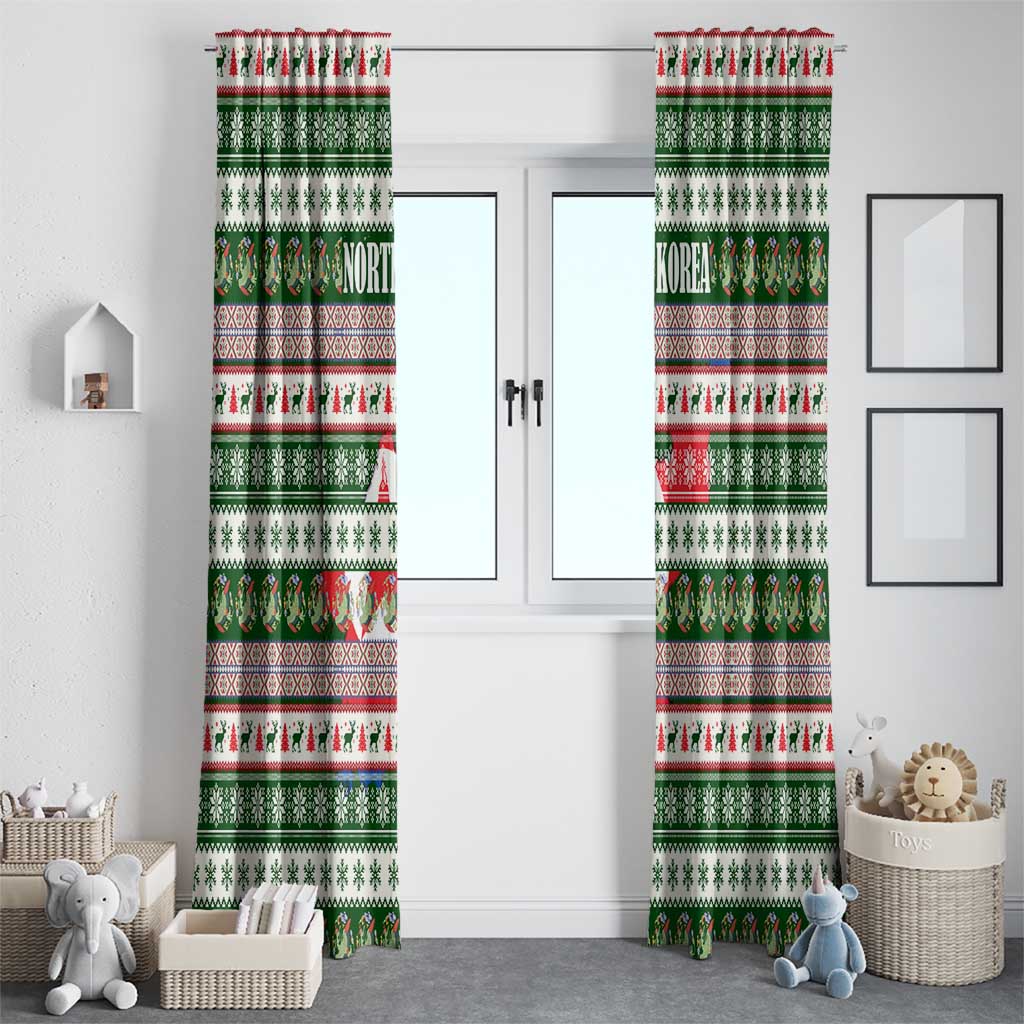 North Korea Christmas Window Curtain with Green-Red Design, National Emblem, and Festive Snowflake Motif - Wonder Print Shop