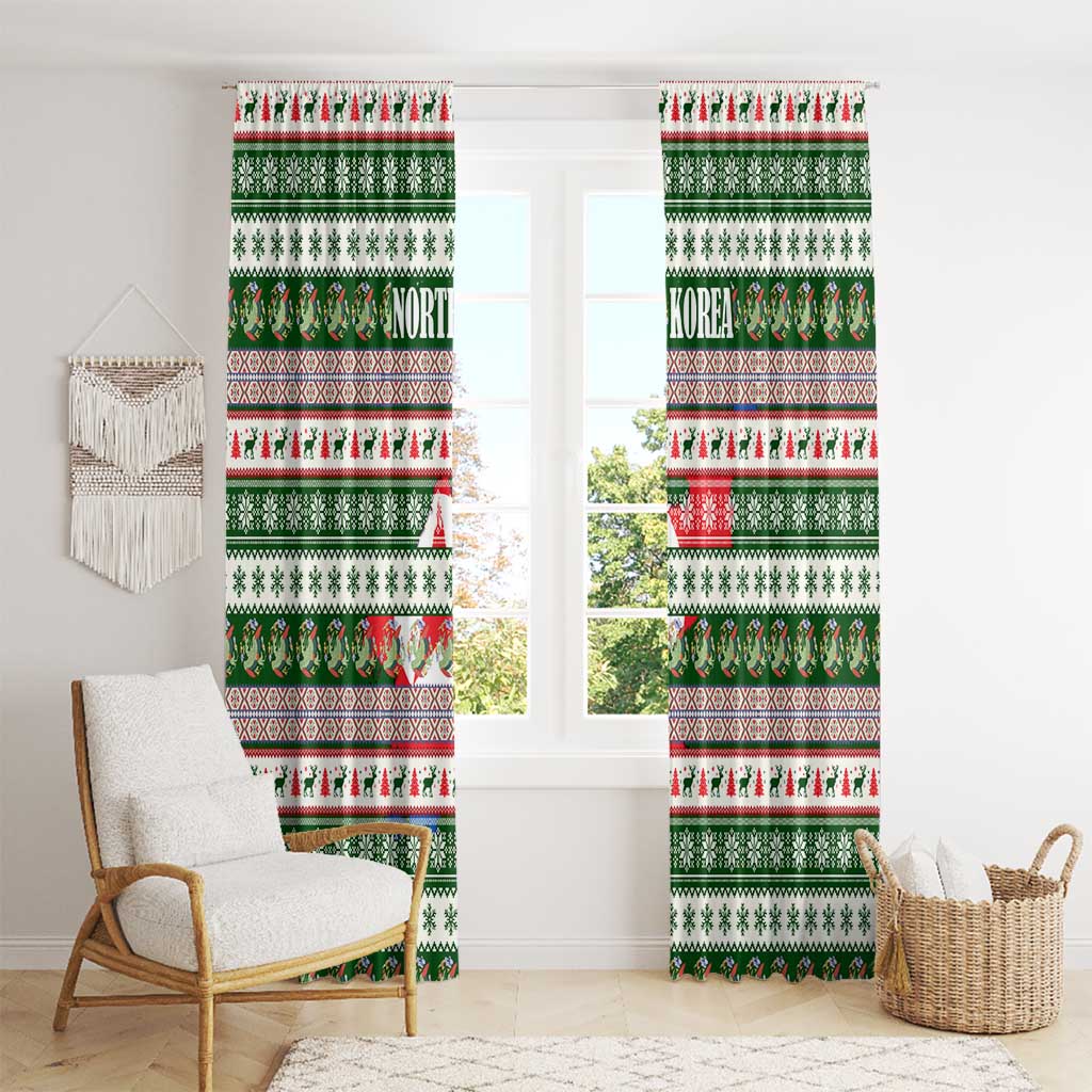 North Korea Christmas Window Curtain with Green-Red Design, National Emblem, and Festive Snowflake Motif - Wonder Print Shop