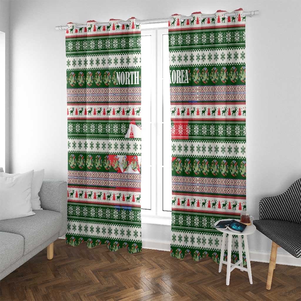 North Korea Christmas Window Curtain with Green-Red Design, National Emblem, and Festive Snowflake Motif - Wonder Print Shop