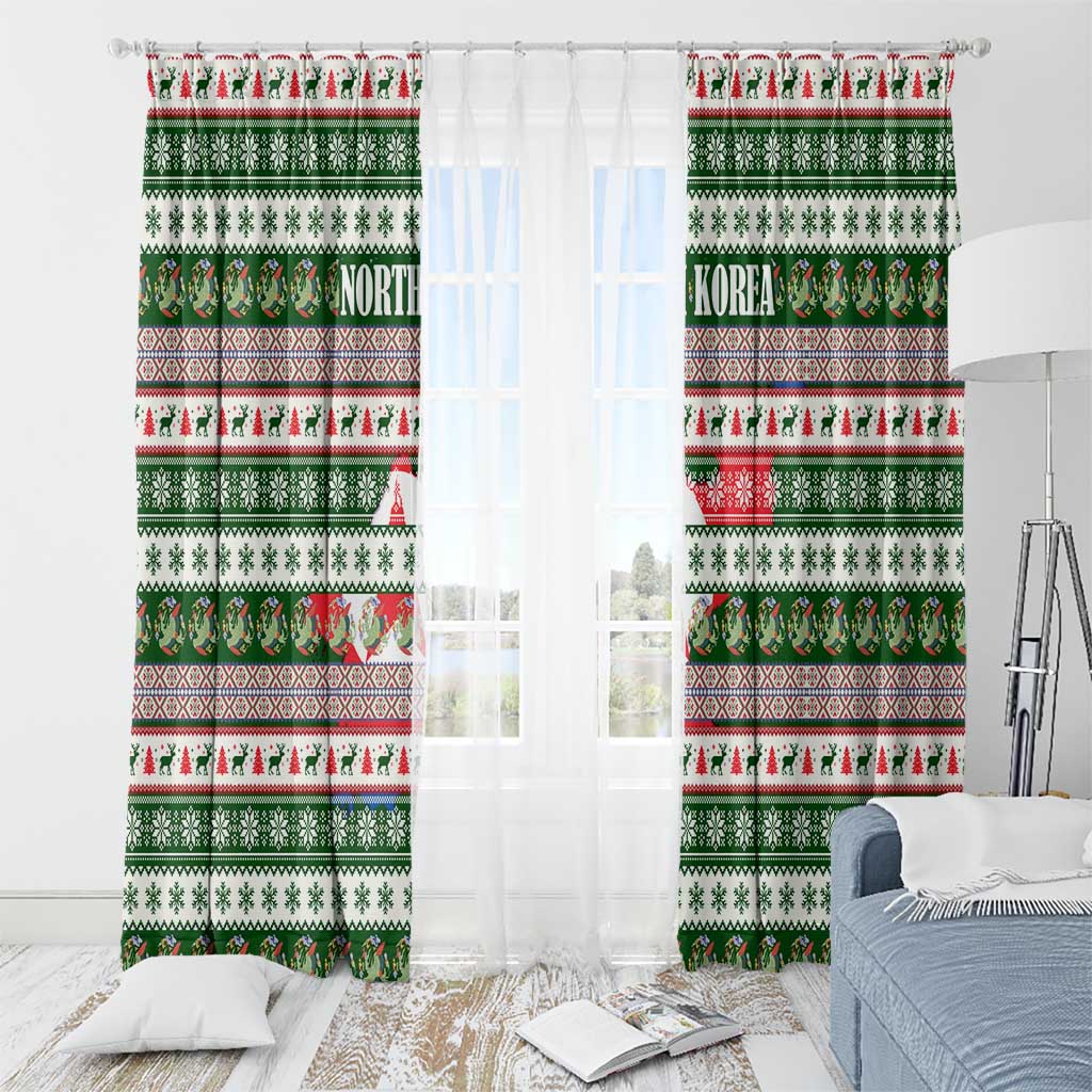 North Korea Christmas Window Curtain with Green-Red Design, National Emblem, and Festive Snowflake Motif - Wonder Print Shop