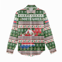 North Korea Christmas Women Casual Shirt with Green-Red Design, National Emblem, and Festive Snowflake Motif - Wonder Print Shop