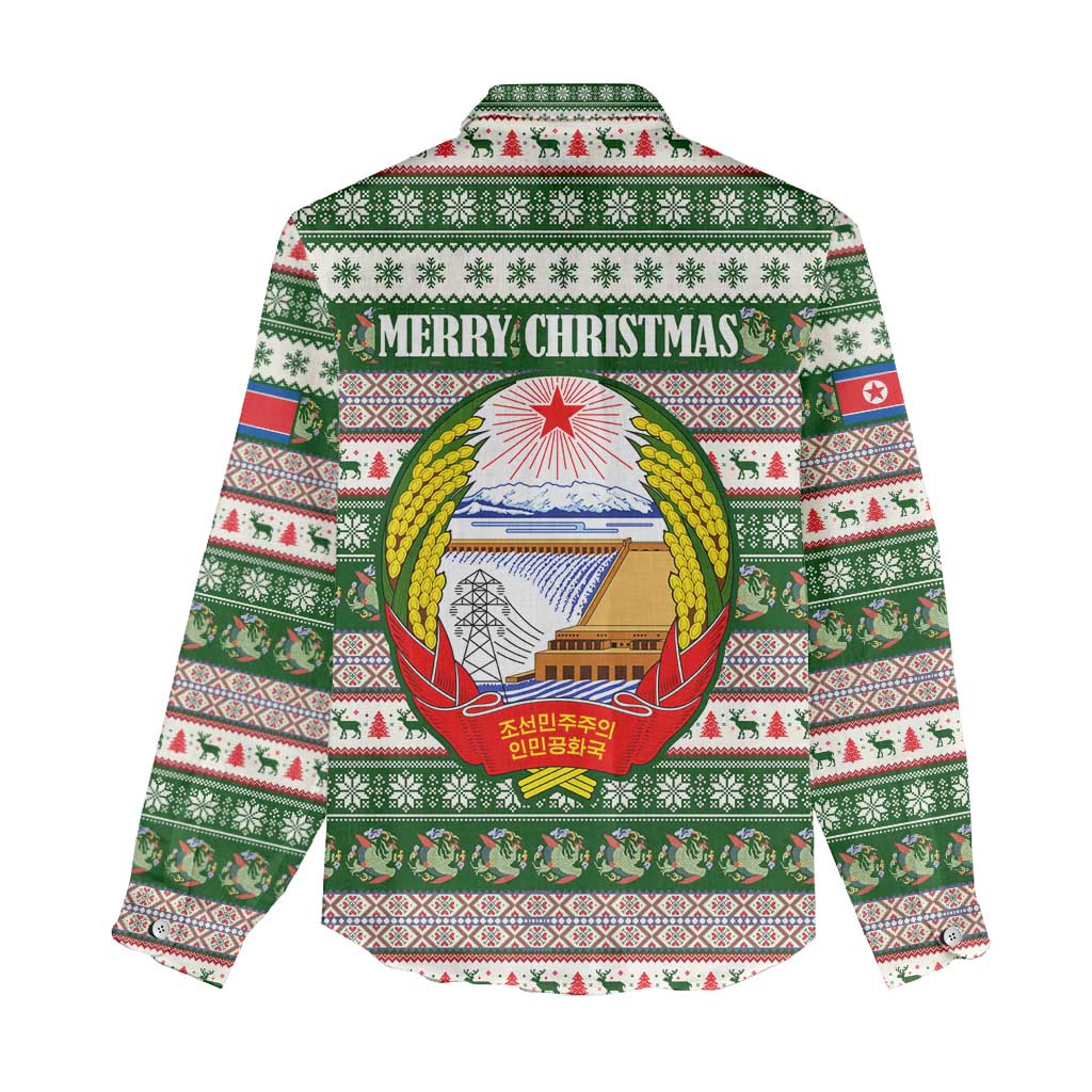North Korea Christmas Women Casual Shirt with Green-Red Design, National Emblem, and Festive Snowflake Motif - Wonder Print Shop
