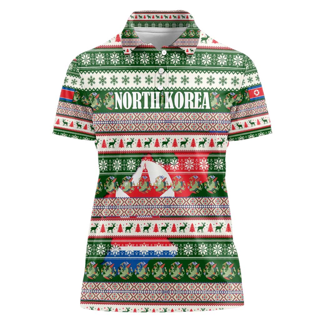 North Korea Christmas Women Polo Shirt with Green-Red Design, National Emblem, and Festive Snowflake Motif - Wonder Print Shop