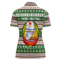 North Korea Christmas Women Polo Shirt with Green-Red Design, National Emblem, and Festive Snowflake Motif - Wonder Print Shop