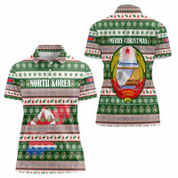 North Korea Christmas Women Polo Shirt with Green-Red Design, National Emblem, and Festive Snowflake Motif - Wonder Print Shop