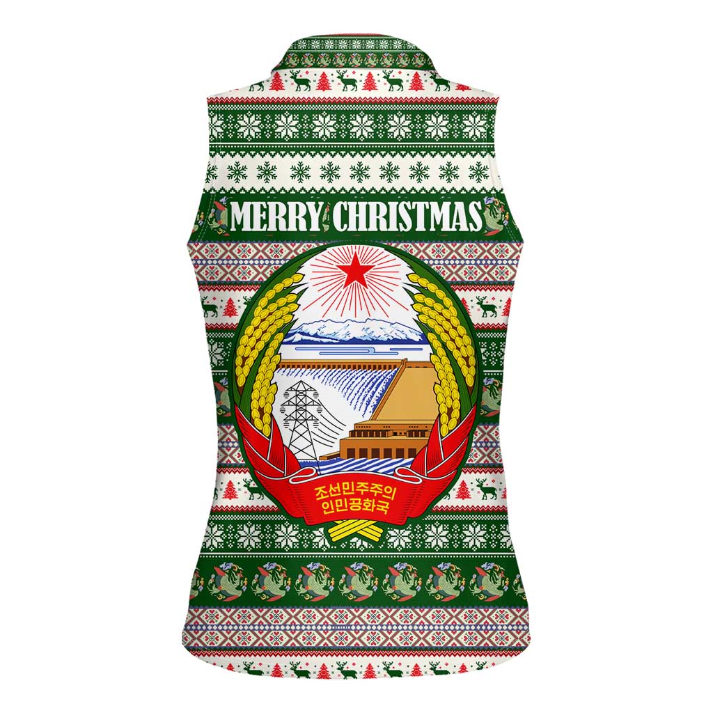 North Korea Christmas Women Sleeveless Polo Shirt with Green-Red Design, National Emblem, and Festive Snowflake Motif - Wonder Print Shop