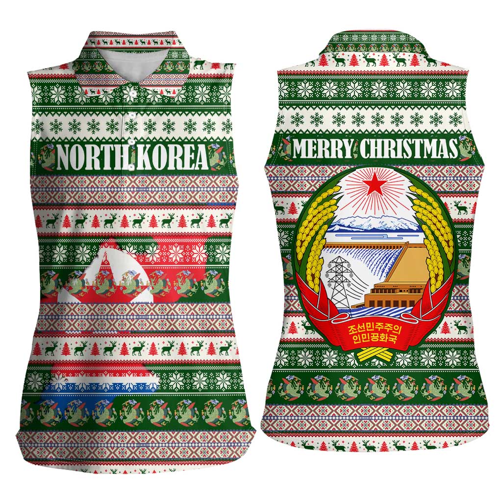 North Korea Christmas Women Sleeveless Polo Shirt with Green-Red Design, National Emblem, and Festive Snowflake Motif - Wonder Print Shop