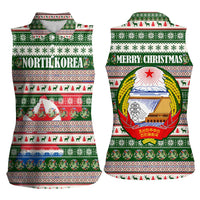 North Korea Christmas Women Sleeveless Polo Shirt with Green-Red Design, National Emblem, and Festive Snowflake Motif - Wonder Print Shop