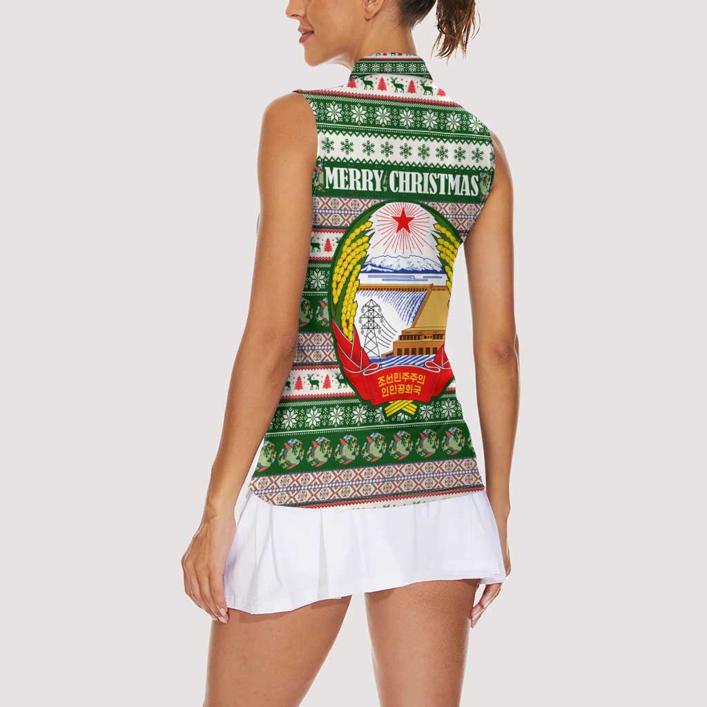 North Korea Christmas Women Sleeveless Polo Shirt with Green-Red Design, National Emblem, and Festive Snowflake Motif - Wonder Print Shop