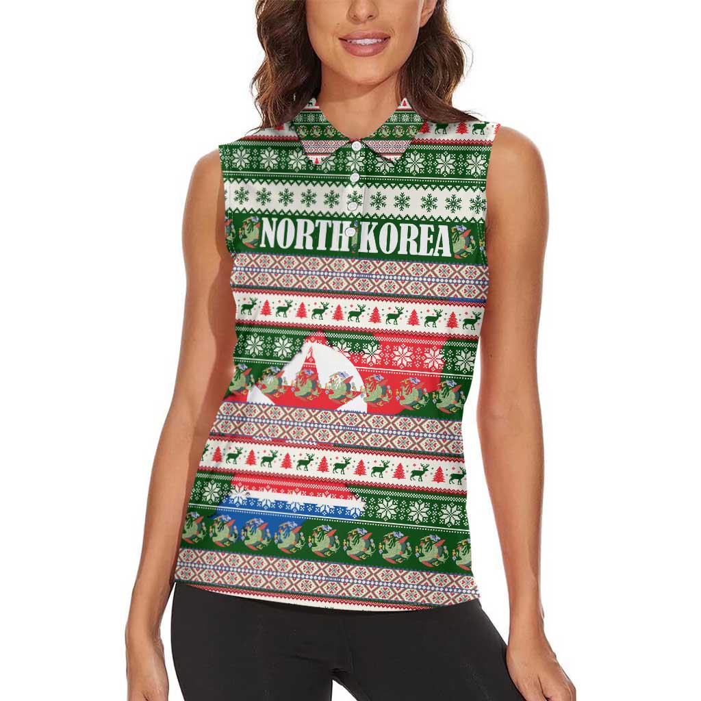 North Korea Christmas Women Sleeveless Polo Shirt with Green-Red Design, National Emblem, and Festive Snowflake Motif - Wonder Print Shop