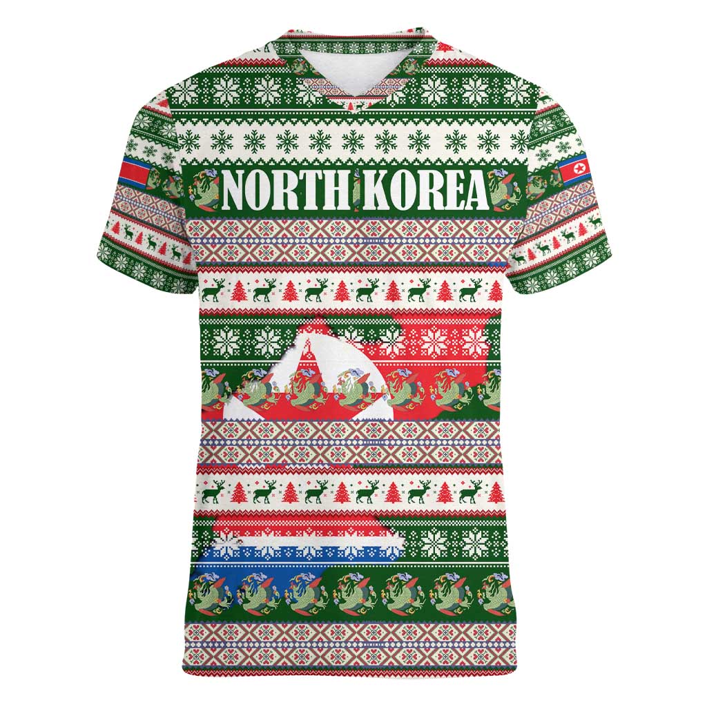 North Korea Christmas Women V-Neck T-Shirt with Green-Red Design, National Emblem, and Festive Snowflake Motif - Wonder Print Shop