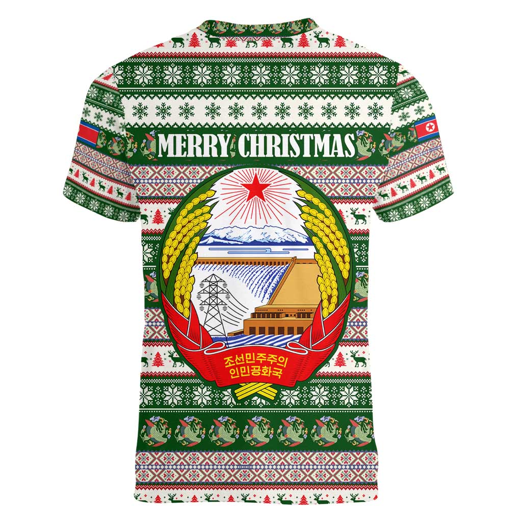 North Korea Christmas Women V-Neck T-Shirt with Green-Red Design, National Emblem, and Festive Snowflake Motif - Wonder Print Shop