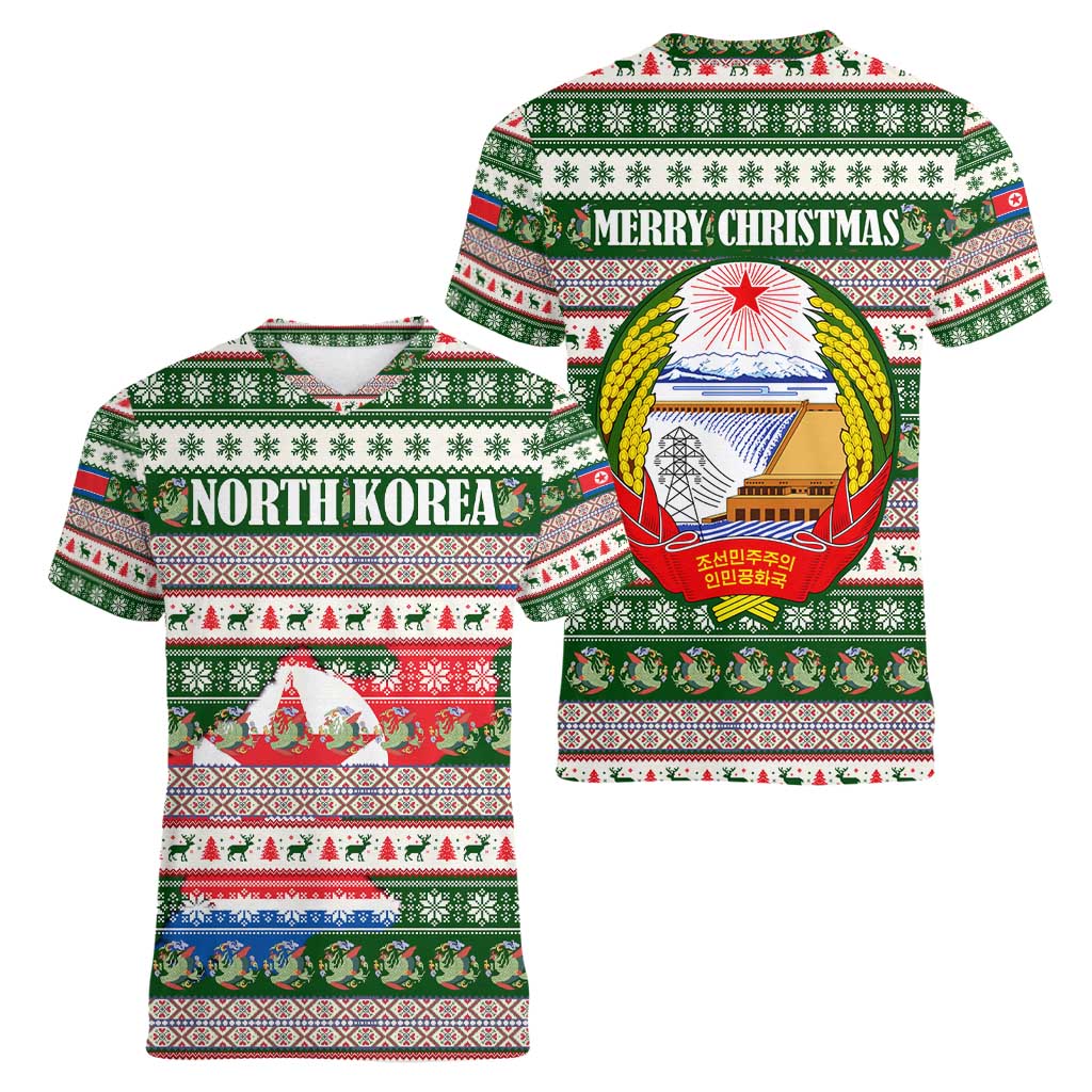 North Korea Christmas Women V-Neck T-Shirt with Green-Red Design, National Emblem, and Festive Snowflake Motif - Wonder Print Shop