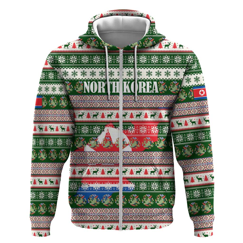 North Korea Christmas Zip Hoodie with Green-Red Design, National Emblem, and Festive Snowflake Motif - Wonder Print Shop