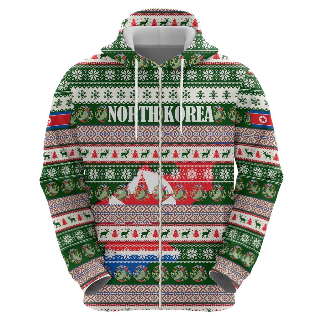 North Korea Christmas Zip Hoodie with Green-Red Design, National Emblem, and Festive Snowflake Motif - Wonder Print Shop