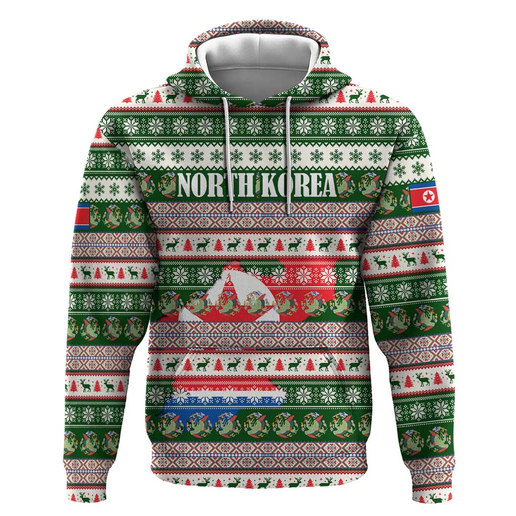 North Korea Christmas Zip Hoodie with Green-Red Design, National Emblem, and Festive Snowflake Motif - Wonder Print Shop