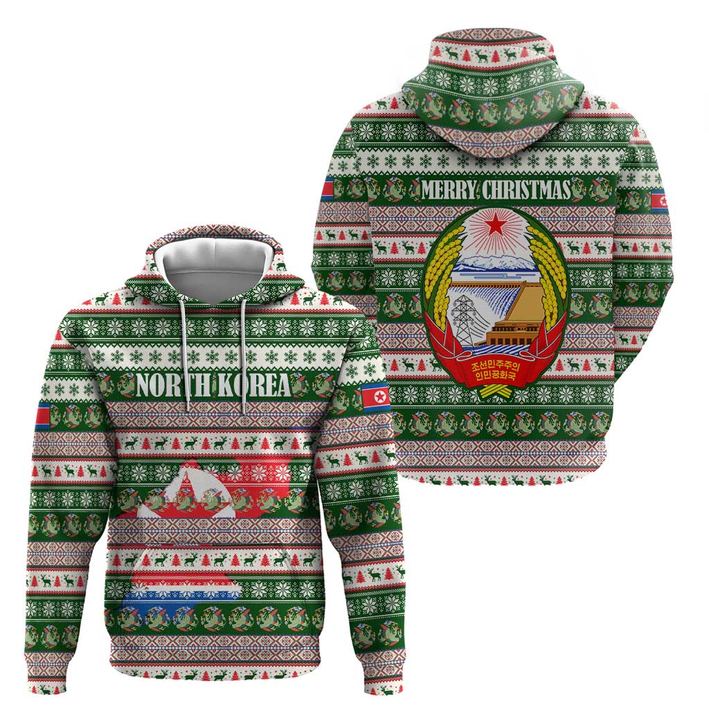 North Korea Christmas Zip Hoodie with Green-Red Design, National Emblem, and Festive Snowflake Motif - Wonder Print Shop