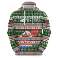 North Korea Christmas Zip Hoodie with Green-Red Design, National Emblem, and Festive Snowflake Motif - Wonder Print Shop