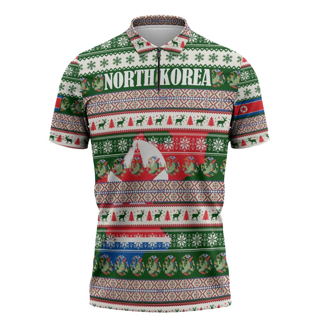 North Korea Christmas Zipper Polo Shirt with Green-Red Design, National Emblem, and Festive Snowflake Motif - Wonder Print Shop