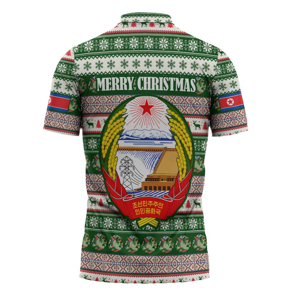 North Korea Christmas Zipper Polo Shirt with Green-Red Design, National Emblem, and Festive Snowflake Motif - Wonder Print Shop