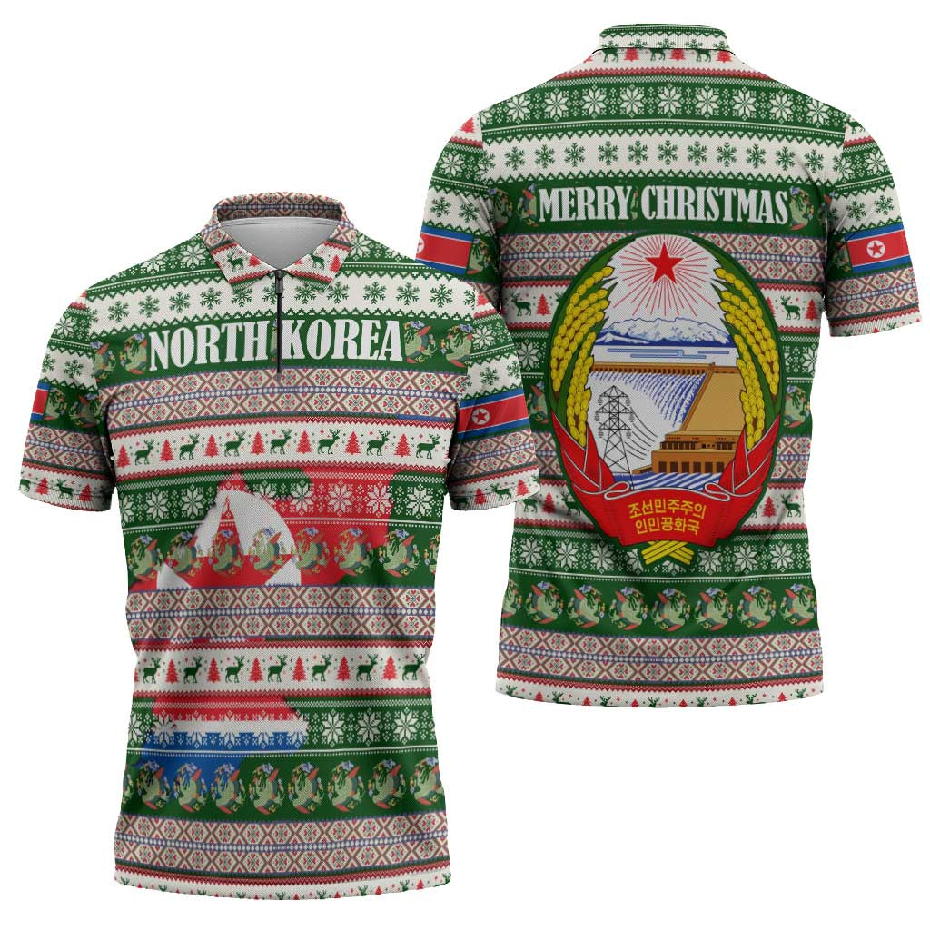 North Korea Christmas Zipper Polo Shirt with Green-Red Design, National Emblem, and Festive Snowflake Motif - Wonder Print Shop