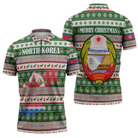 North Korea Christmas Zipper Polo Shirt with Green-Red Design, National Emblem, and Festive Snowflake Motif - Wonder Print Shop