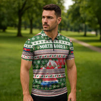 North Korea Christmas Zipper Polo Shirt with Green-Red Design, National Emblem, and Festive Snowflake Motif - Wonder Print Shop