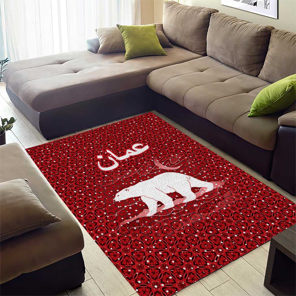 Oman Christmas Area Rug with Red Geometric Design, White Oryx, and National Emblem Motif - Wonder Print Shop