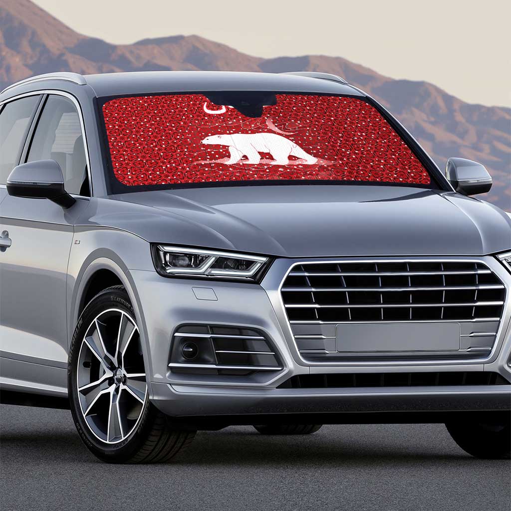 Oman Christmas Auto Sun Shade with Red Geometric Design, White Oryx, and National Emblem Motif - Wonder Print Shop