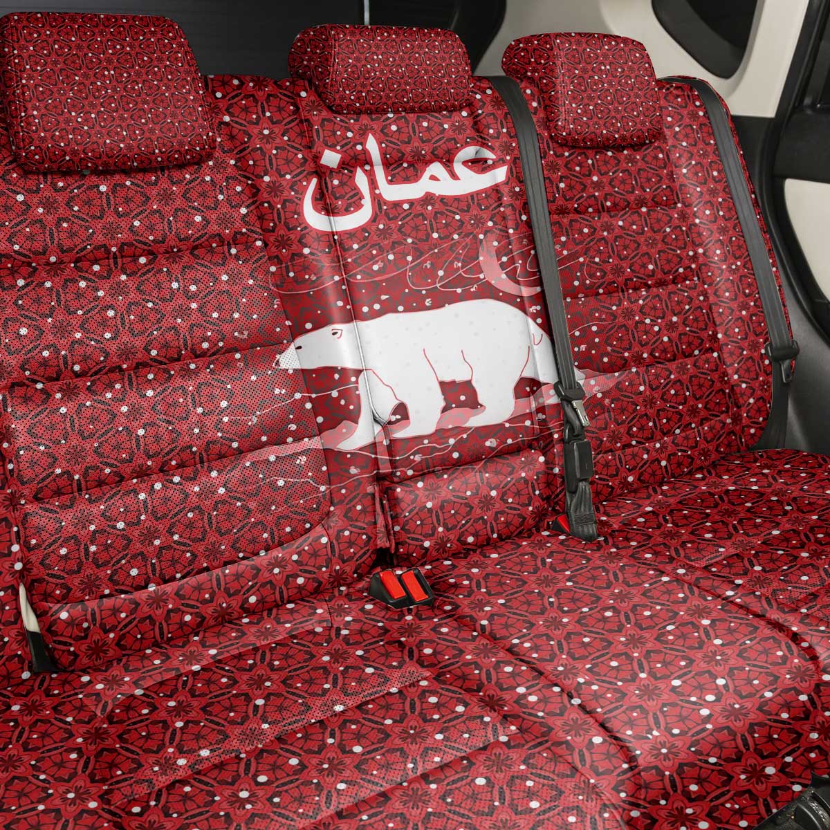 Oman Christmas Back Car Seat Cover with Red Geometric Design, White Oryx, and National Emblem Motif - Wonder Print Shop