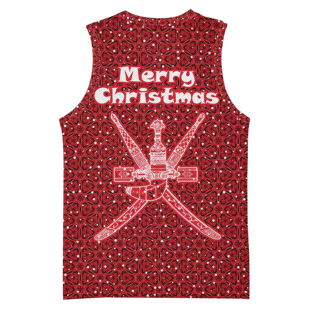 Oman Christmas Basketball Jersey with Red Geometric Design, White Oryx, and National Emblem Motif - Wonder Print Shop