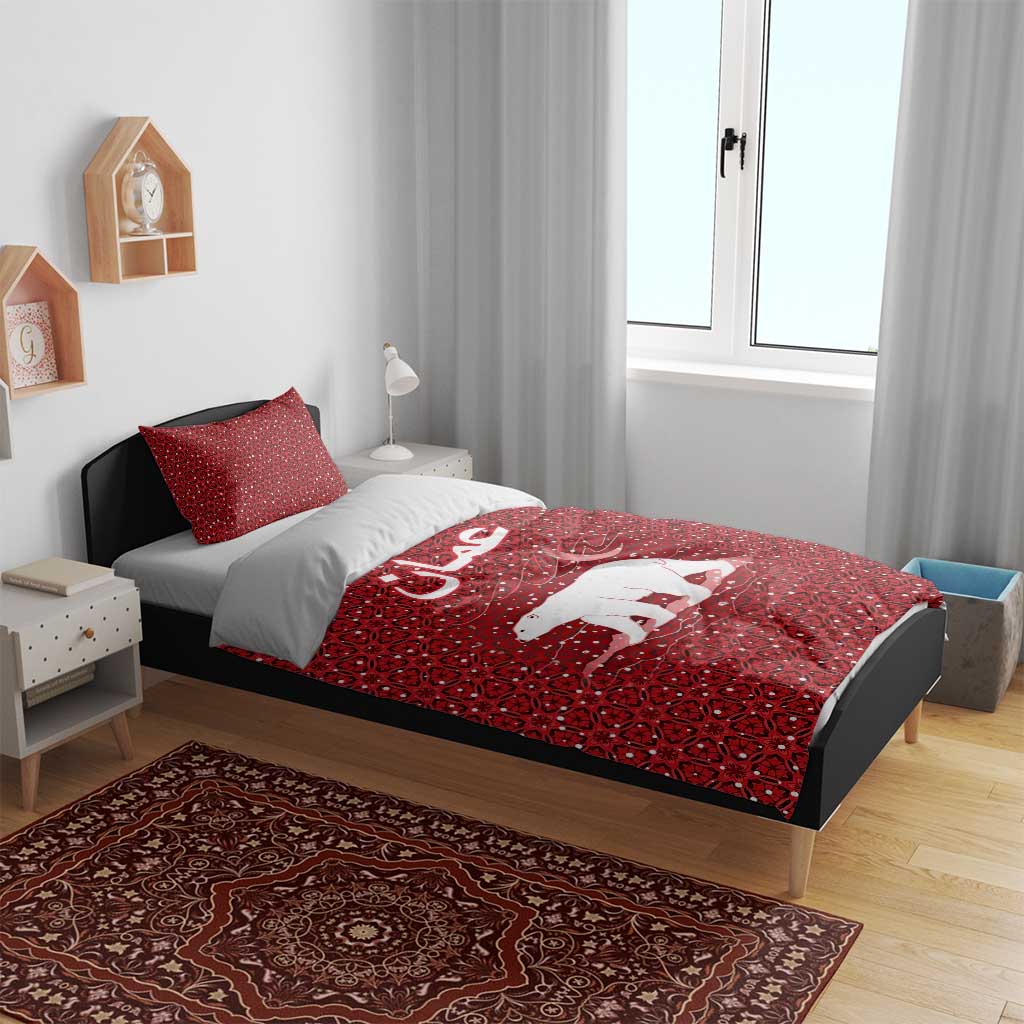 Oman Christmas Bedding Set with Red Geometric Design, White Oryx, and National Emblem Motif - Wonder Print Shop